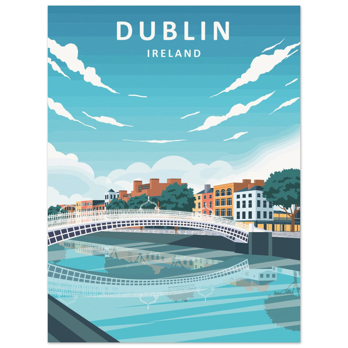 Dublin retro travel poster, footbridge and colourful quays, in a white frame, larger size option