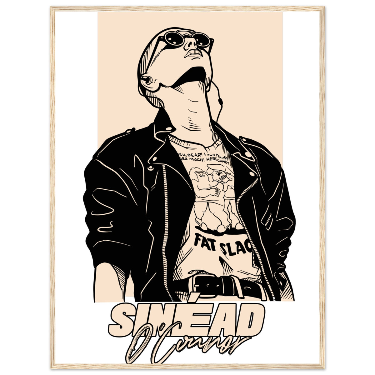 Sinéad O'Connor portrait art print in a light oak frame, leather jacket and sunglasses, front view