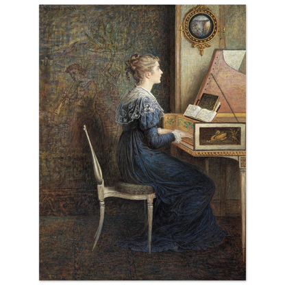 Unframed fine art print of “An Old Song” (1874) by William John Hennessy, displayed on an antique oak sideboard against a textured plaster wall, soft morning light from a sash window, vintage books and a small vase of dried heather beside the print, evoking quiet Irish heritage and warmth.