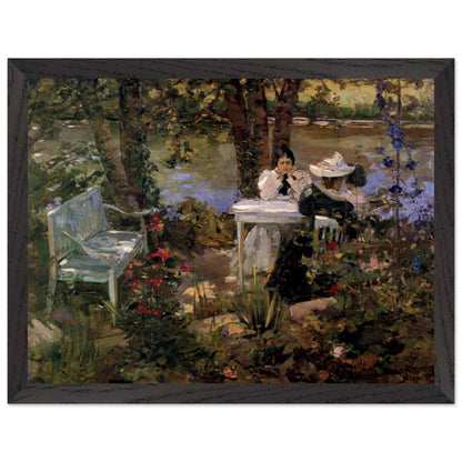 A Garden in France by Sir John Lavery in a black frame, garden bench and flowers by a river