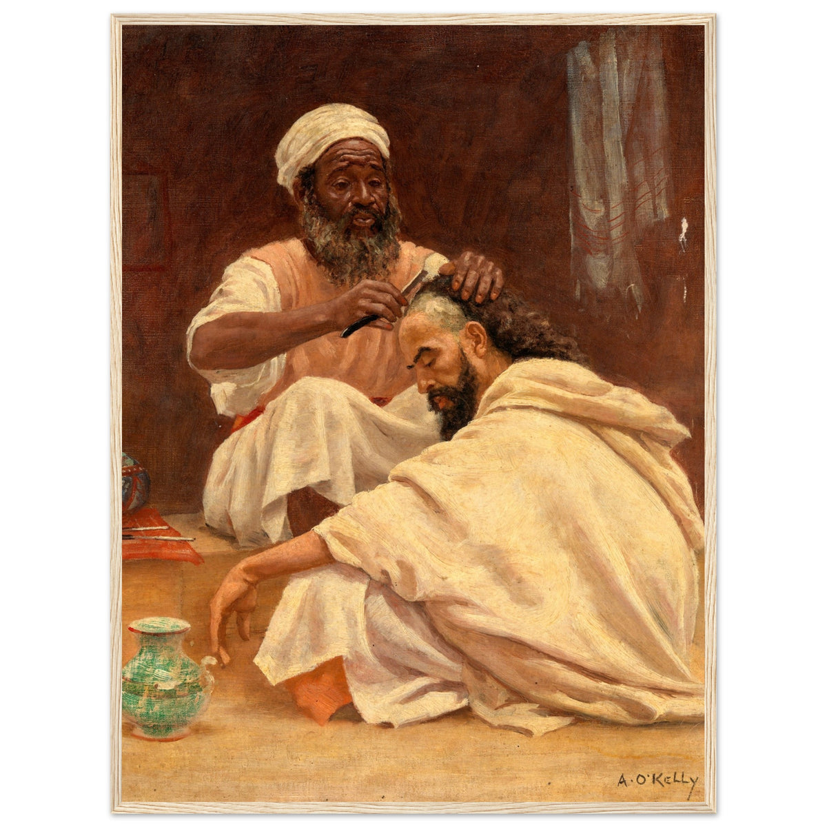 A Barber, Morocco by Aloysius O'Kelly in a light natural wood frame, front view