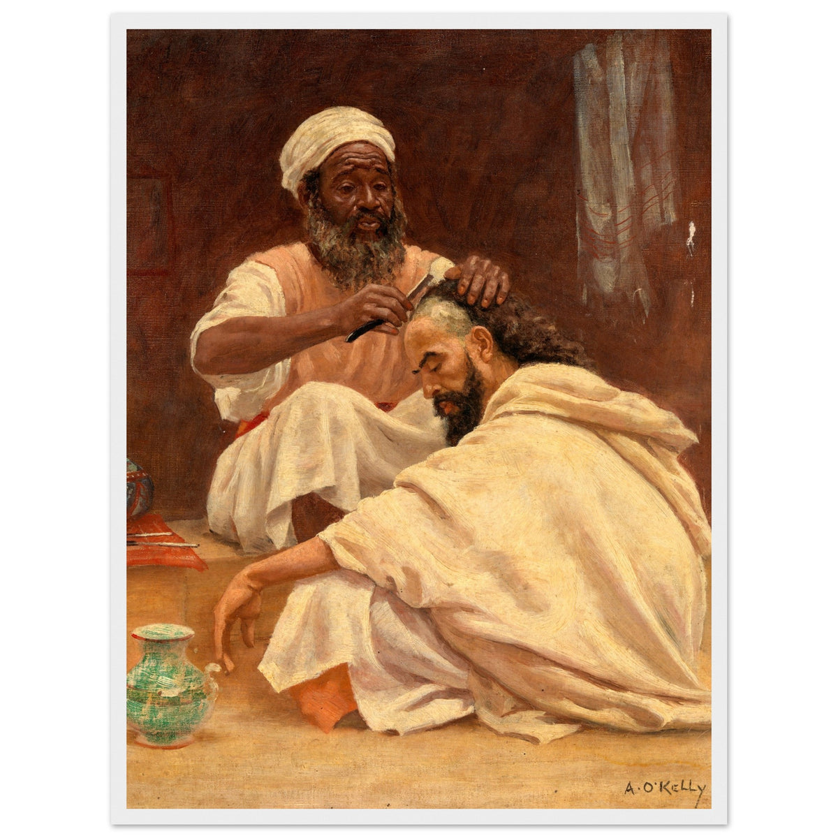 A Barber, Morocco by Aloysius O'Kelly in a thin white frame, full front view