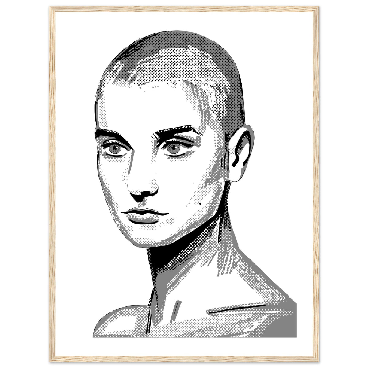 Black and white Sinéad O'Connor poster print in a thin light oak frame, front view