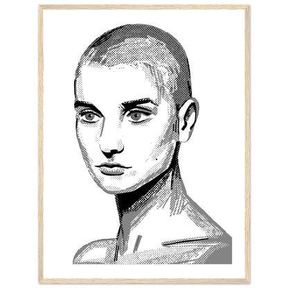 Black and white Sinéad O'Connor poster print in a thin light oak frame, front view