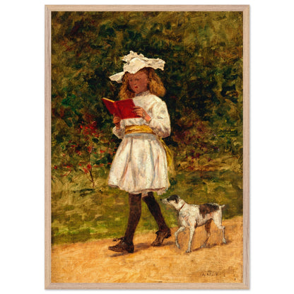 A Young Girl Reading by Aloysius O'Kelly in a light oak frame, girl with a red book and terrier