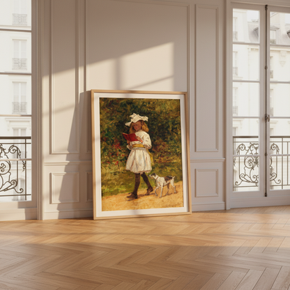 A Young Girl Reading by Aloysius O'Kelly in an oak frame leaning on a herringbone floor by tall windows