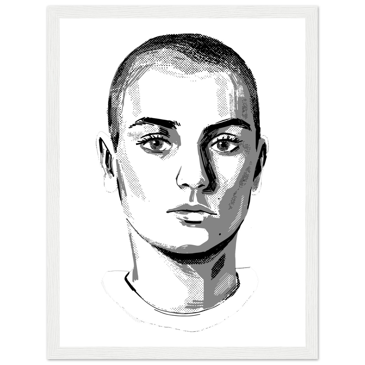Sinéad O'Connor black and white portrait print in a white frame, close-cropped hair and direct gaze