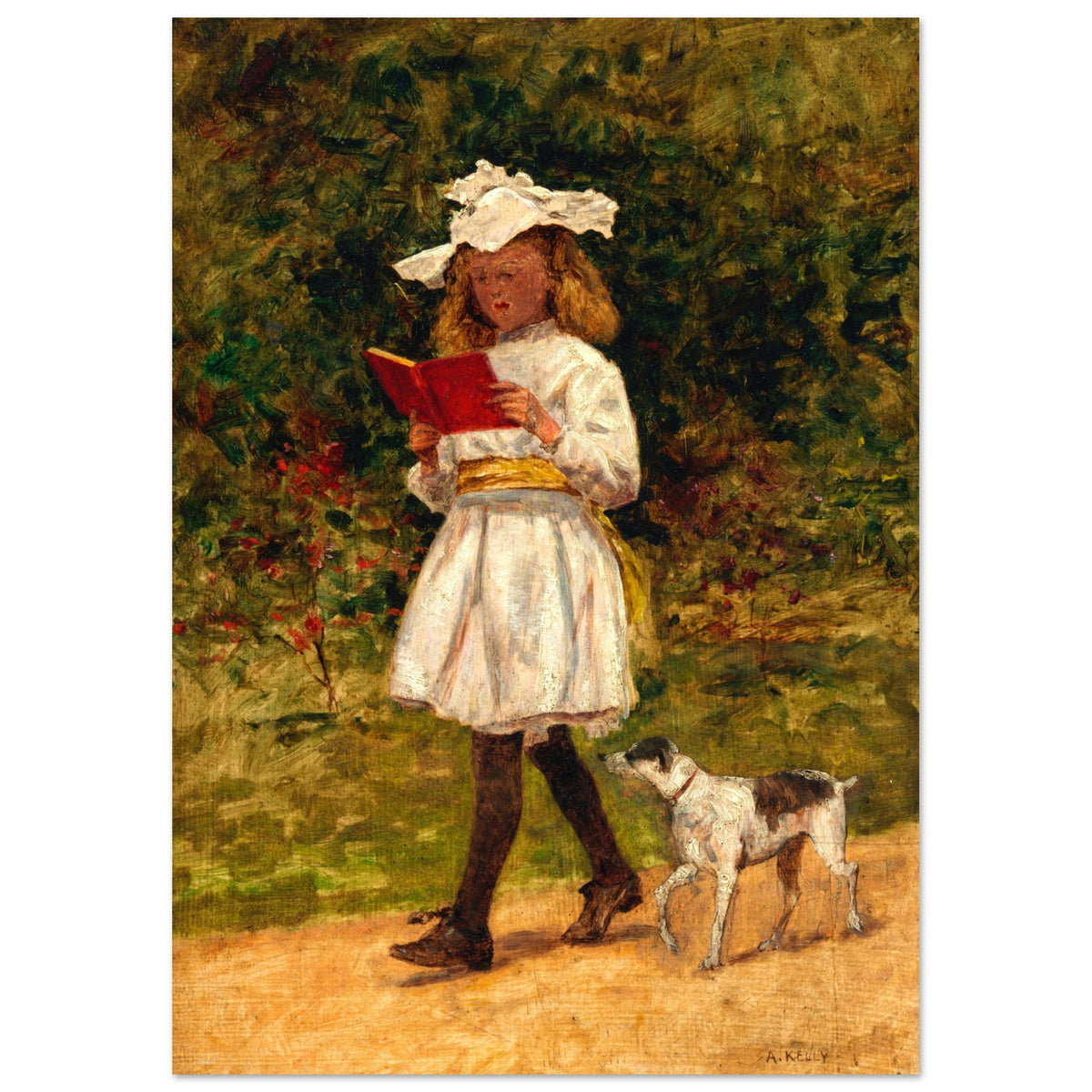 Aloysius O'Kelly A Young Girl Reading print, girl walking with a red book and a small dog
