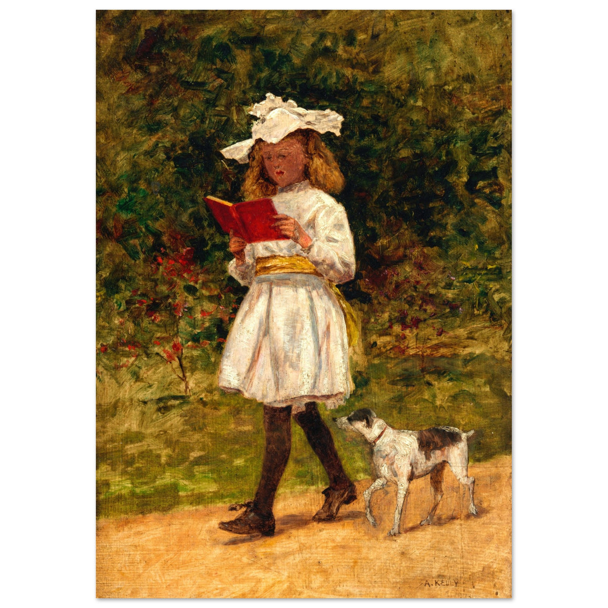 Aloysius O'Kelly A Young Girl Reading, girl in a lace bonnet reading on a sunny garden path