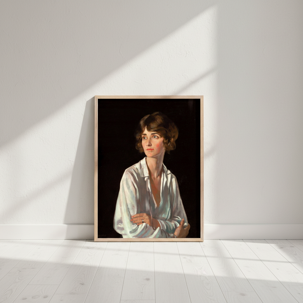 Lady Marriott by William Orpen print in a thin oak frame leaning on a white wall with diagonal shadows