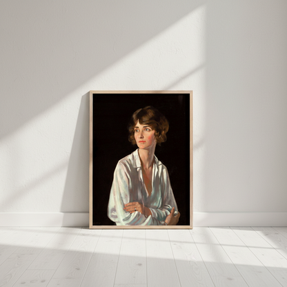 Lady Marriott by William Orpen print in a slim oak frame on a pale floor in a sunlit white room