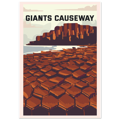 A3 size retro Giant’s Causeway travel art print with iconic hexagonal columns and warm earthy tones.