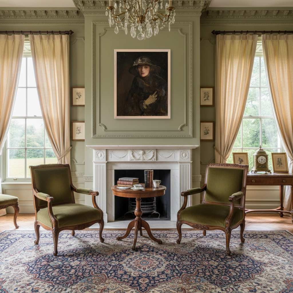 A Lady in Brown by Sir John Lavery Irish master art print displayed above fireplace in elegant Georgian drawing room