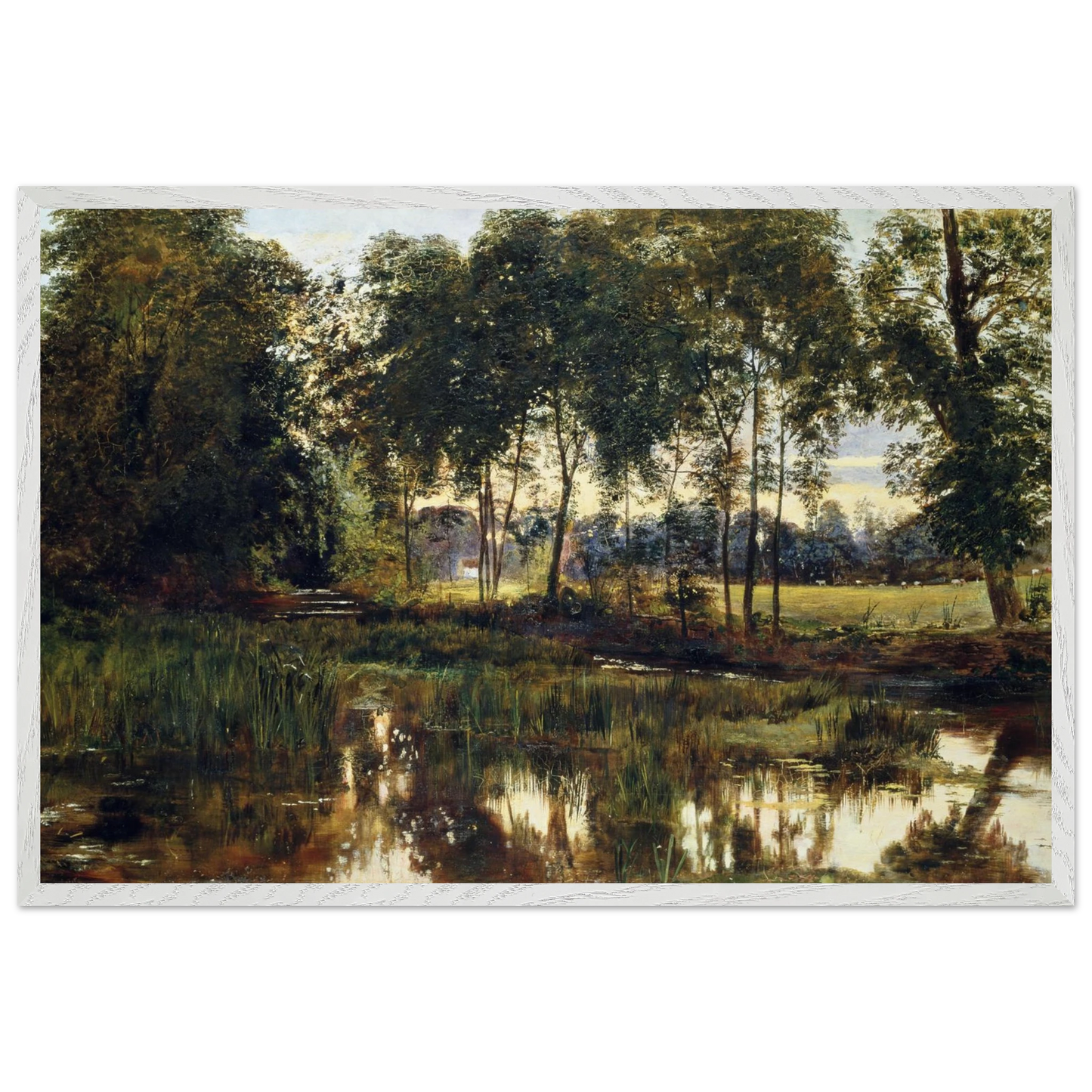 A View of Rye Water near Leixlip by William Davis, framed Irish landscape art print in white wood frame, ready to hang.