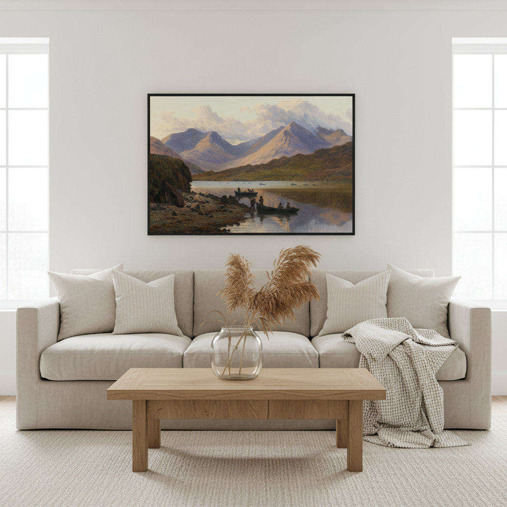 A framed Irish landscape print hanging above a neutral linen sofa in a bright Scandinavian living room. Soft morning light, pampas grass vase, oak coffee table, minimal decor. Clean, elegant, premium lifestyle photography. A View of the Killaries by Bartholomew Colles Watkins in a black wooden frame 60x90cm.
