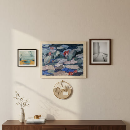 A Water-Lily Pond (c.1919) by Mainie Jellett ash frame as part of a small curated art wall.