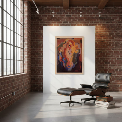 Abstract Composition framed print in industrial loft with exposed brick and modern art collector interior.