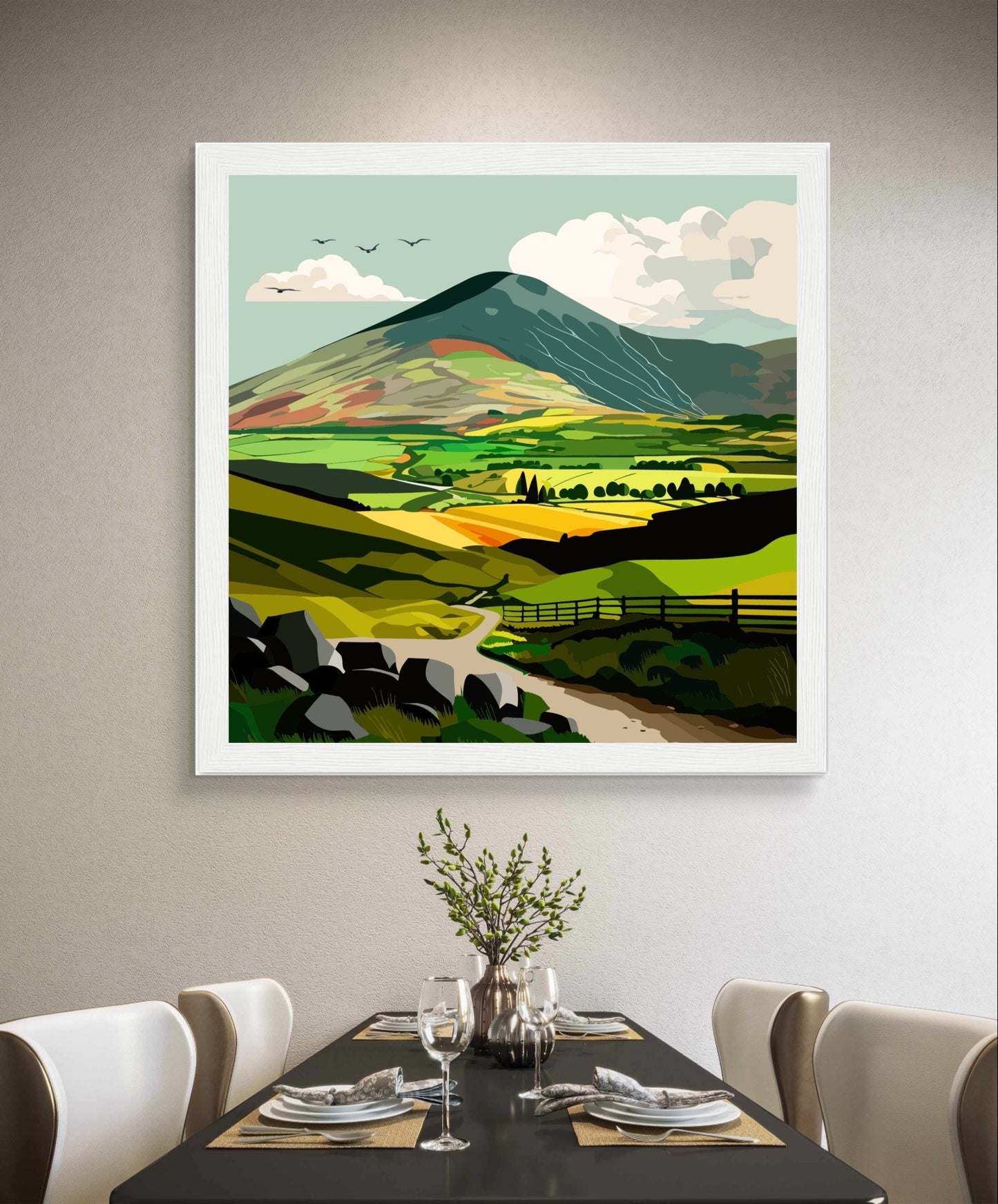 A serene framed art print featuring lush green fields and meadows, evoking the tranquility of the Irish countryside. Perfect for nature lovers seeking the beauty of Ireland in their space.