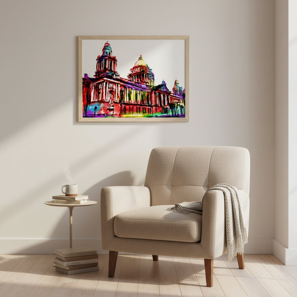 Belfast City Hall colourful framed art print with natural wood frame, 30x40 cm landscape, modern Irish cityscape wall art.