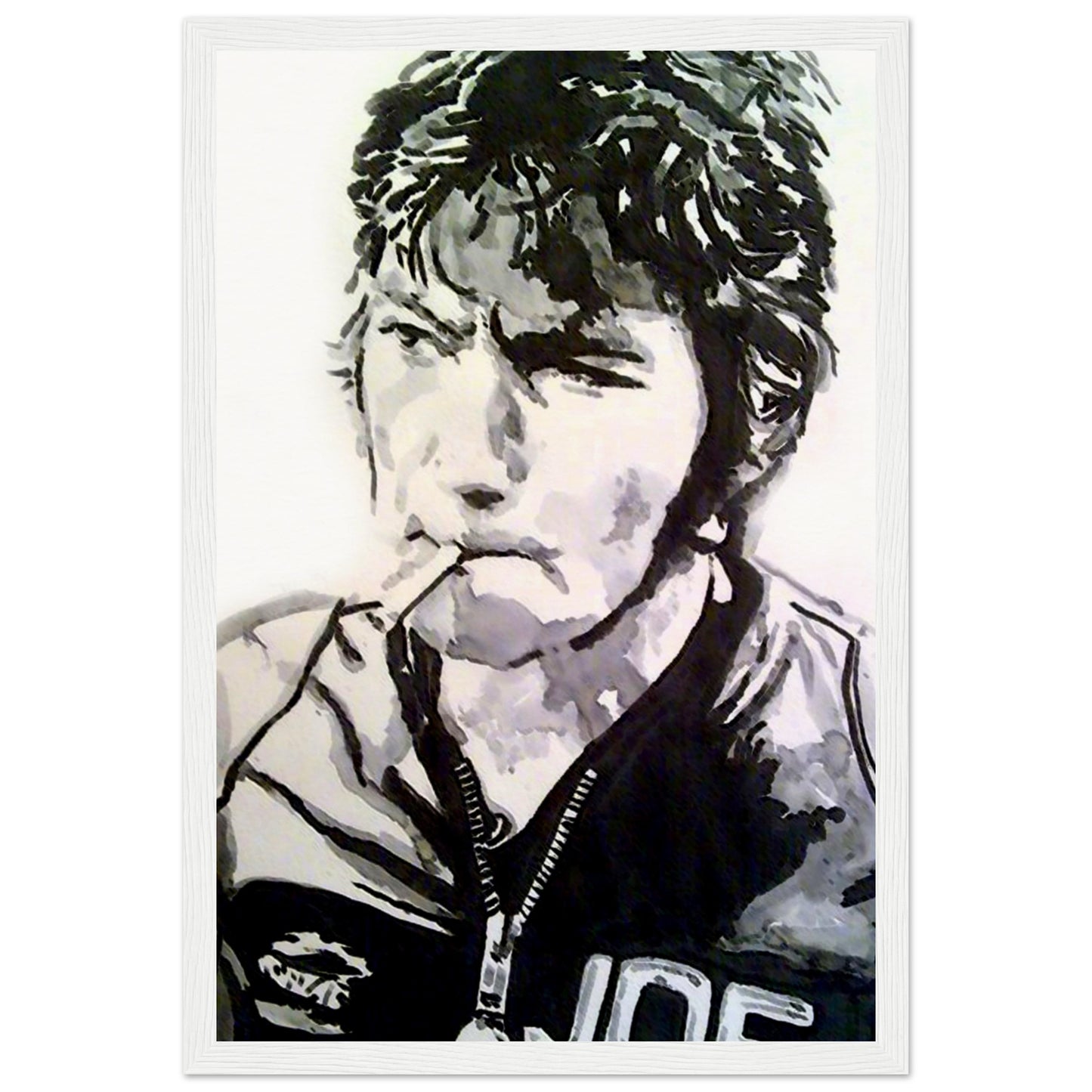 Black-and-white framed portrait of Joey Dunlop with a cigarette in his mouth, wearing racing gear.