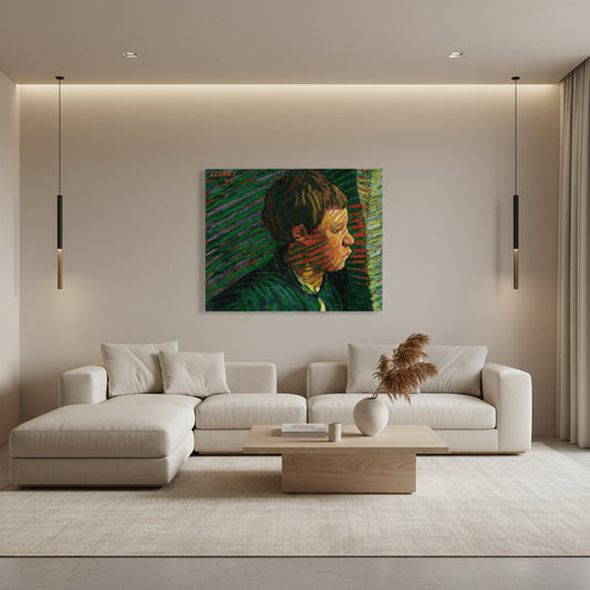 Breton Boy in Profile by Roderic O'Conor print above a cream sectional sofa in a warm living room