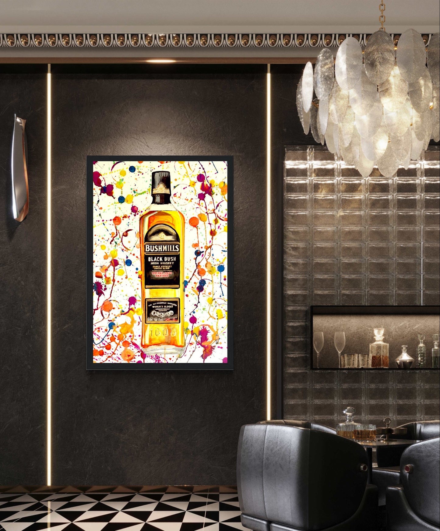 Artwork of Bushmills Black Bush whiskey bottle in Bushmills, Northern Ireland, near Giant's Causeway. Perfect for whiskey lovers and those who appreciate Irish craftsmanship. Hotel Bar Whiskey Collection. 