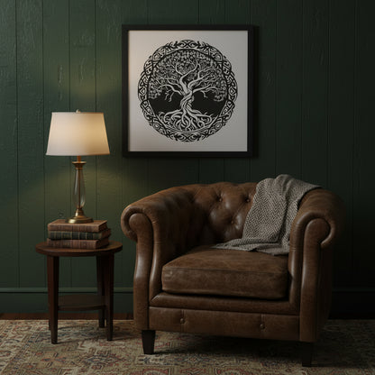 Celtic Tree of Life framed print in black wooden frame on the wall of a traditional study or reading nook with leather chair, stacked books, and soft tungsten light.
