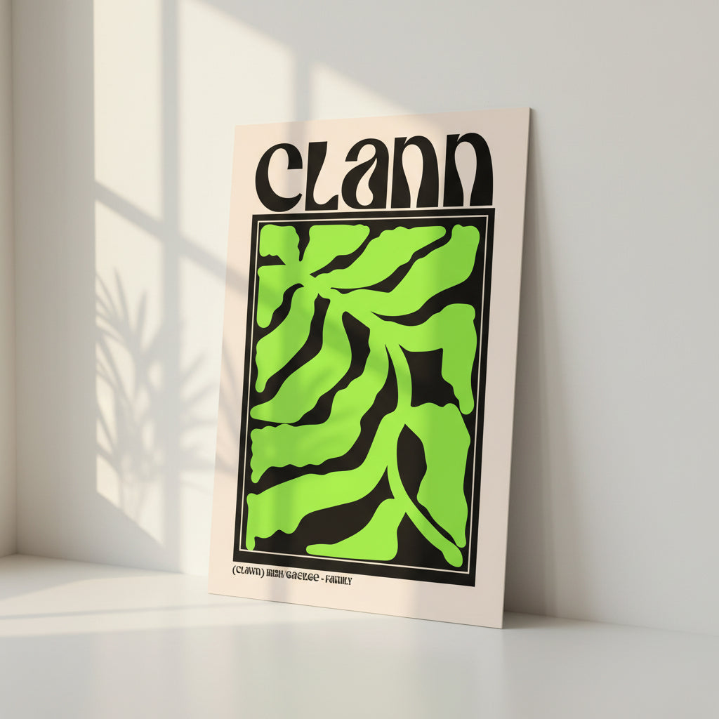 Clann – Irish Family Print | Gaelic Wall Art & Irish Home Decor, Unframed print in soft window light casting dappled shadows. Warm, natural, premium lifestyle look.