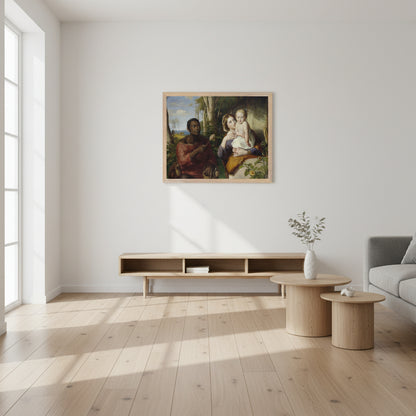 Collector’s Edition framed The Toy-Seller print displayed in a Scandinavian living room with oak floors, white walls, and minimalist décor. High-end editorial style.