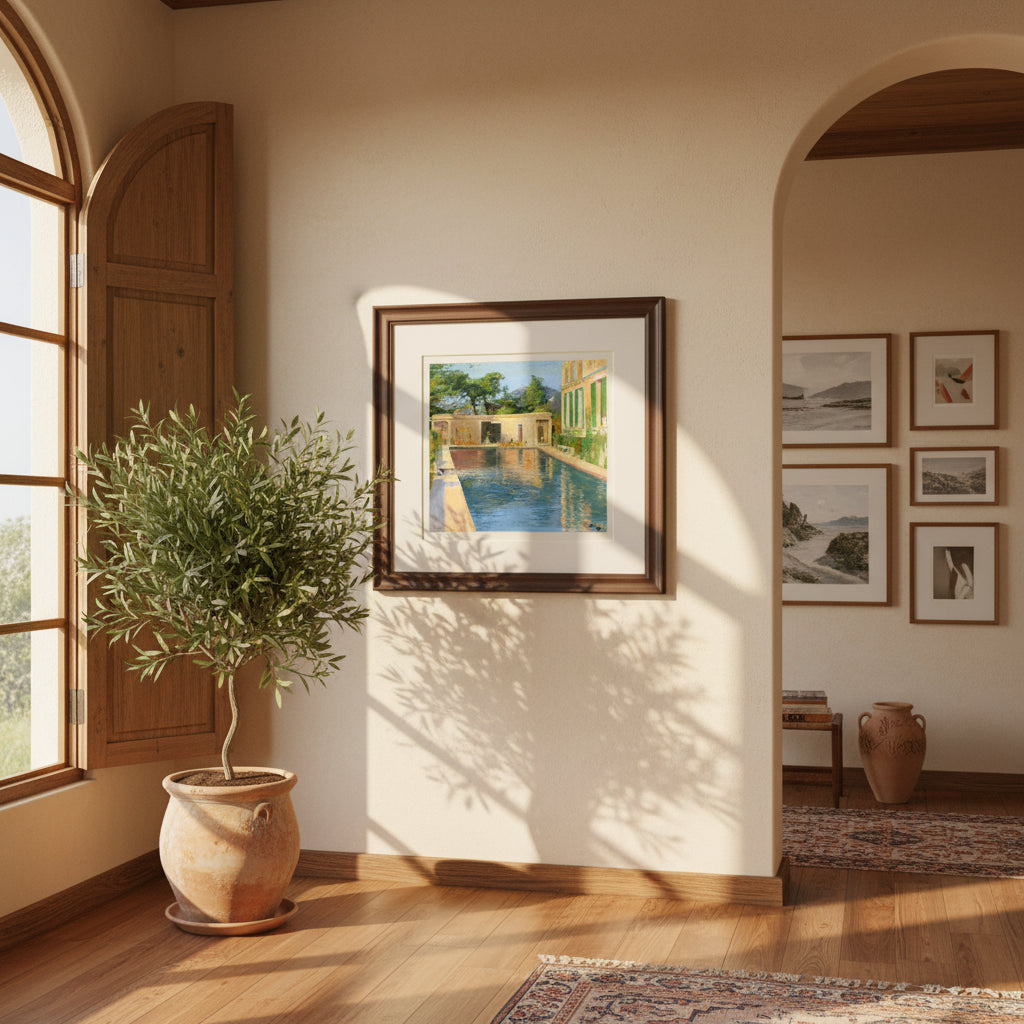 Collector’s Edition framed print of “Swimming Pool, Southern France” hanging in a sunlit Mediterranean-style interior with warm stucco walls, olive plants, soft coastal light, and a premium  hardwood frame.