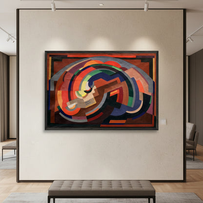 60×90 cm framed print of ‘Composition (c.1935)’ by Mainie Jellett in a black FSC-certified wooden frame, upscale interior wall, gallery lighting, rich shadows, premium museum-style realism.
