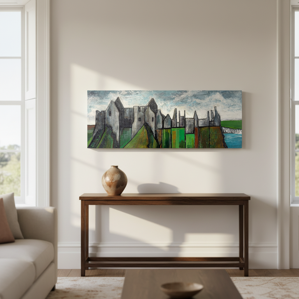 Dunluce Castle panoramic canvas print above a wooden console table in a bright room