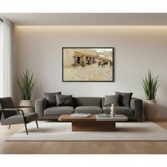 El Asha (1891) by Sir John Lavery in black FSC frame, 60×90 cm Collector’s Edition archival print, contemporary urban living room with charcoal furniture, matte black frame art on warm white wall, dramatic side lighting, premium gallery atmosphere.