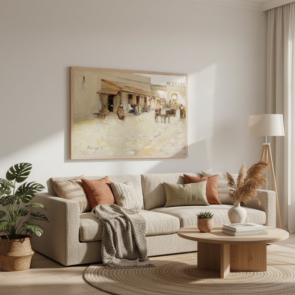 El Asha (1891) by Sir John Lavery in natural oak FSC frame, 60×90 cm premium Collector’s Edition print.  Modern boho living room, natural oak accents, woven textures, warm daylight, oak-framed artwork on cream wall, earthy and elegant aesthetic.