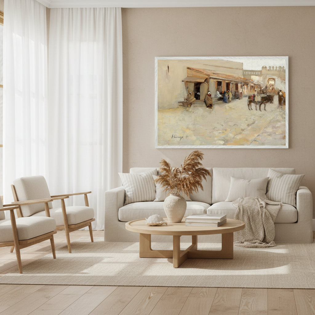 El Asha (1891) by Sir John Lavery in white FSC wooden frame, 60×90 cm museum-quality reproduction. Coastal-inspired interior, white frame artwork on soft beige wall, natural sunlight, serene and airy styling, luxury home décor.