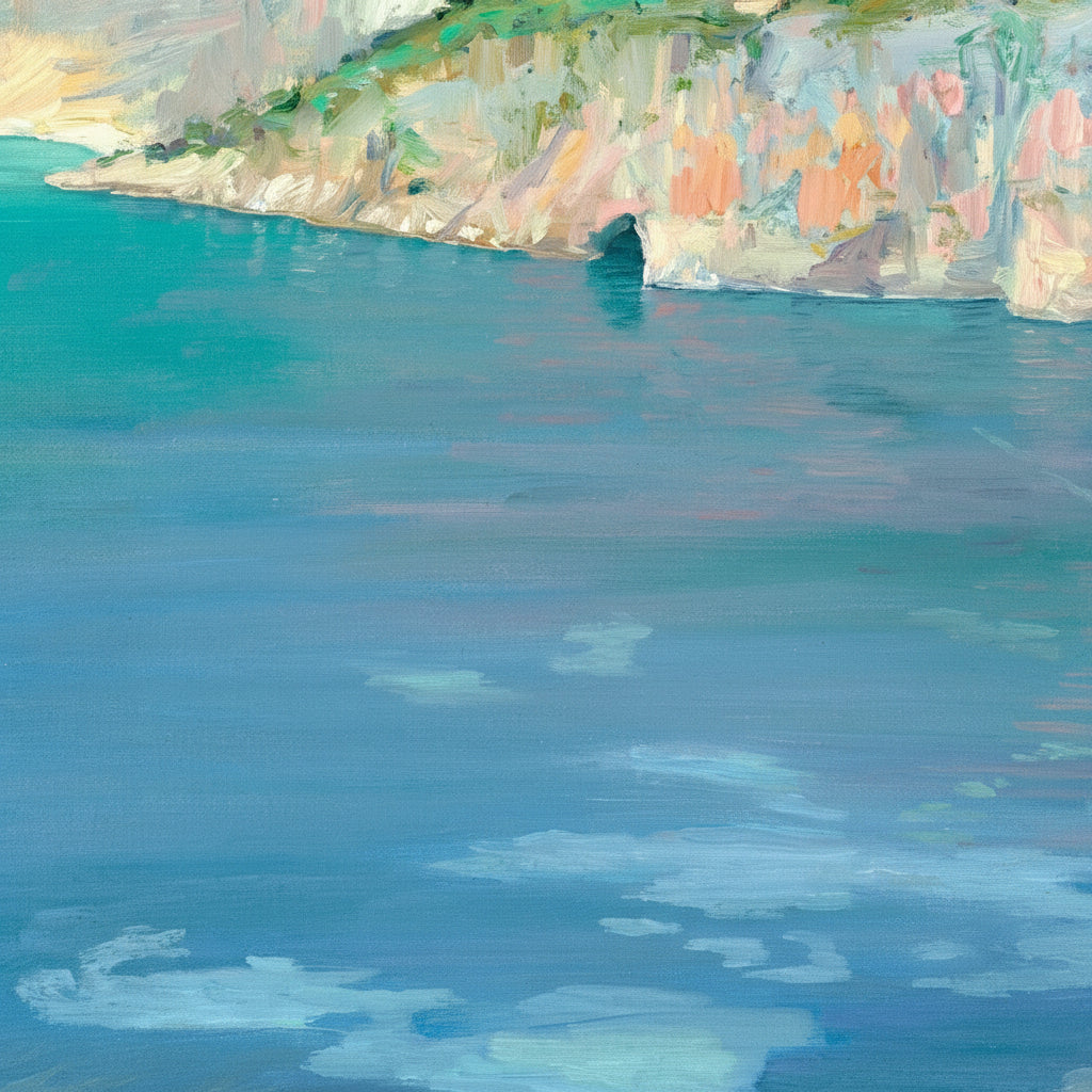 Extreme close-up of The Little White Boats, Cap Ferrat by Sir John Lavery, focusing on brushstrokes in the turquoise water and pastel cliffs, visible matte paper texture, shallow depth of field, fine art product photography
