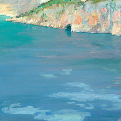 Extreme close-up of The Little White Boats, Cap Ferrat by Sir John Lavery, focusing on brushstrokes in the turquoise water and pastel cliffs, visible matte paper texture, shallow depth of field, fine art product photography
