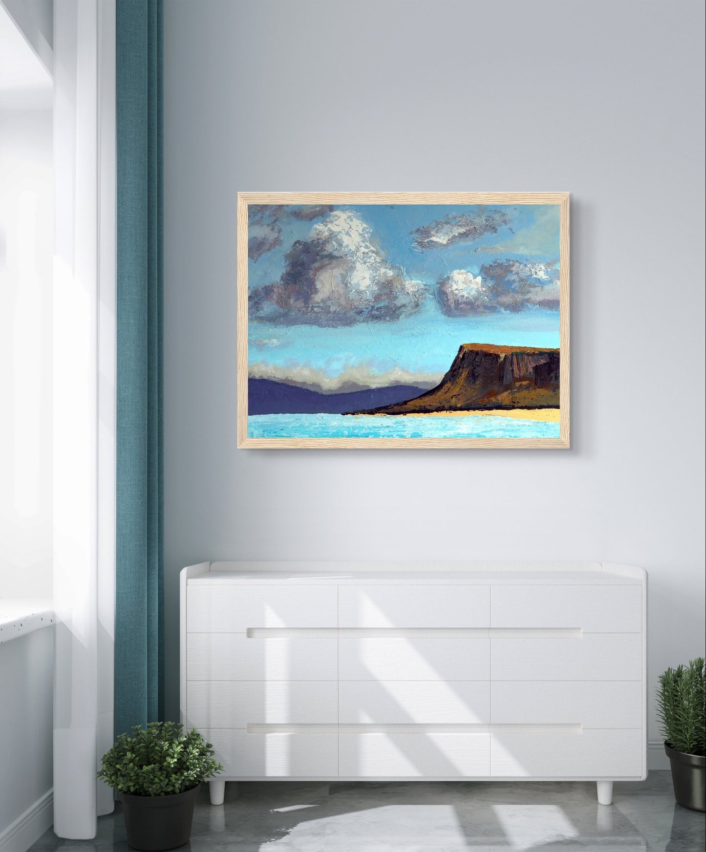 Ó Maoláin's framed art print: Ballycastle beach, Fair Head in distance. Serene coastal scene, sandy shores, cliffs. County Antrim, Ireland.