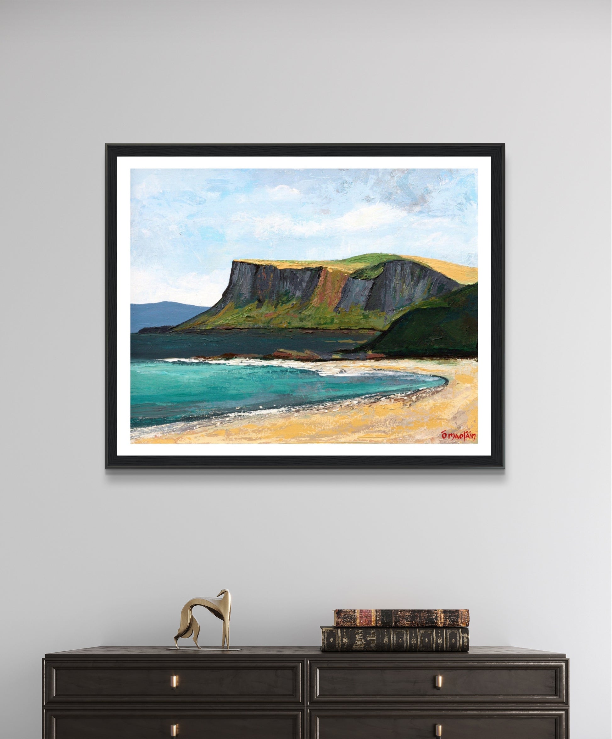 Fair Head by Mullan is a fine art print of Ballycastle beach with Fair Head cliffs in County Antrim, Ireland. This seascape captures the rugged coast, serene beach, and dramatic cliffs under a clear sky, highlighting Ireland’s north coast beauty.