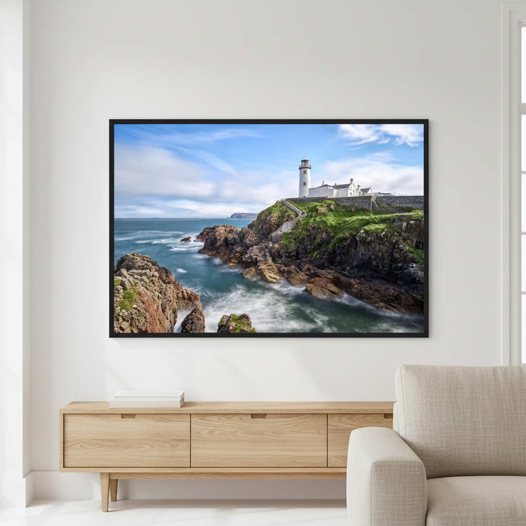 Fanad Head Lighthouse framed print, landscape view, Co. Donegal Ireland