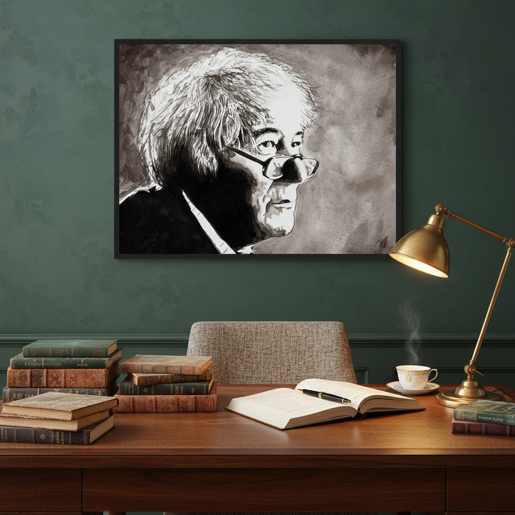 Framed Seamus Heaney portrait in black frame above a writing desk lined with books of poetry, a fountain pen, and warm lamp light. Deep green walls, refined Irish ambience.