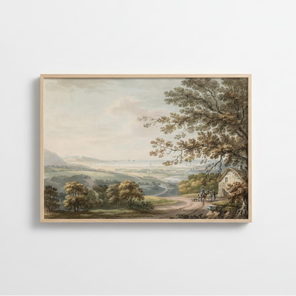 Framed antique Irish landscape art print photographed straight-on, soft shadow, off-white background, gallery documentation style, ultra-sharp detail
