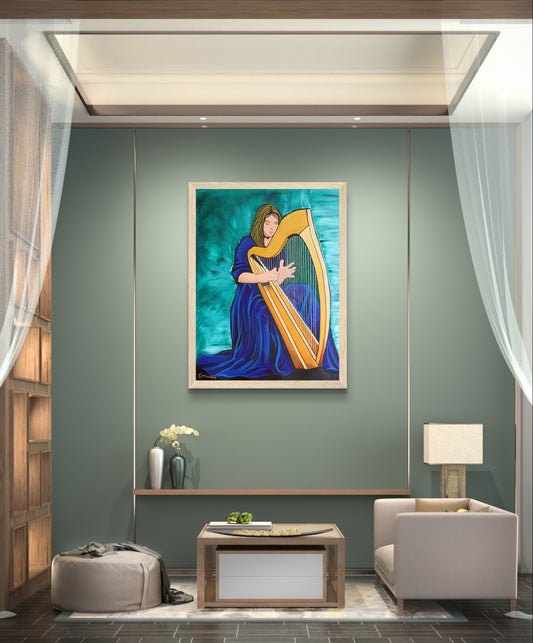 Irish harp player art print in an oak frame above a console in a sage green room