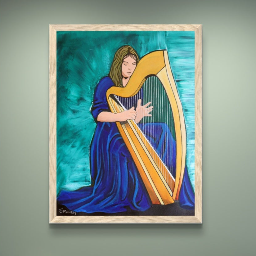 Framed wall art print featuring a detailed Irish Harp in green, blue, and gold, celebrating Celtic music and Irish culture. Perfect home decor or gift for lovers of Irish music. Keywords: Irish Harpist, Framed Wall Art Print, Celtic Music, Ireland, Culture, Home Decor, Gift for lovers of Irish Music.