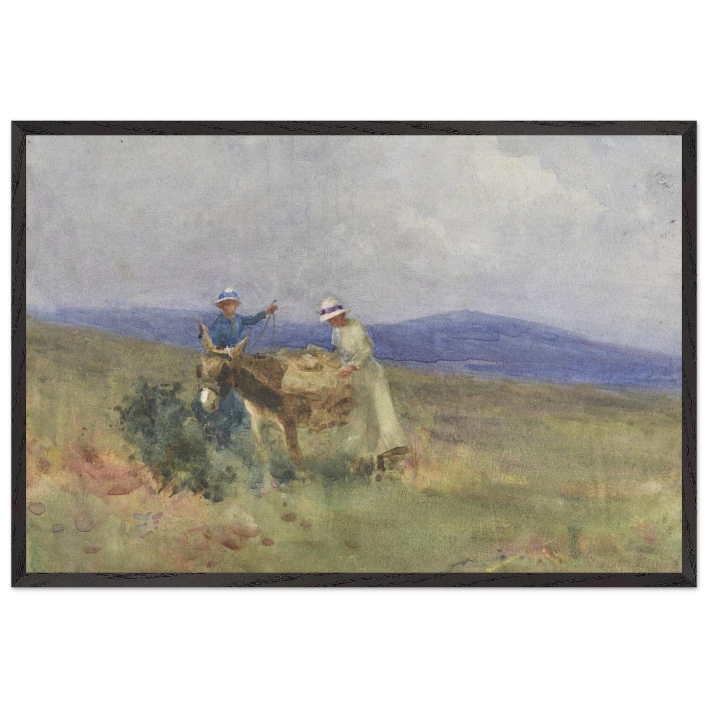Framed 60x90 cm print of Unpacking the Picnic by Mildred Anne Butler in black frame
