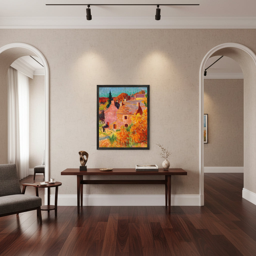 Framed Collector’s Edition print of Roderic O’Conor’s Maisons Rouges à Pont-Aven in black gallery frame, premium archival quality.