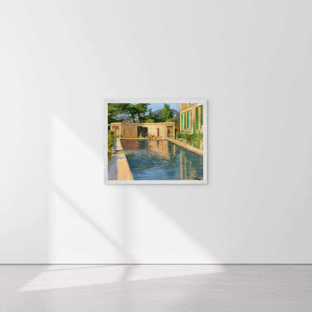 Framed Lavery print in a premium white frame displayed on a spotless gallery wall. Balanced natural daylight, soft shadowing, museum aesthetic.