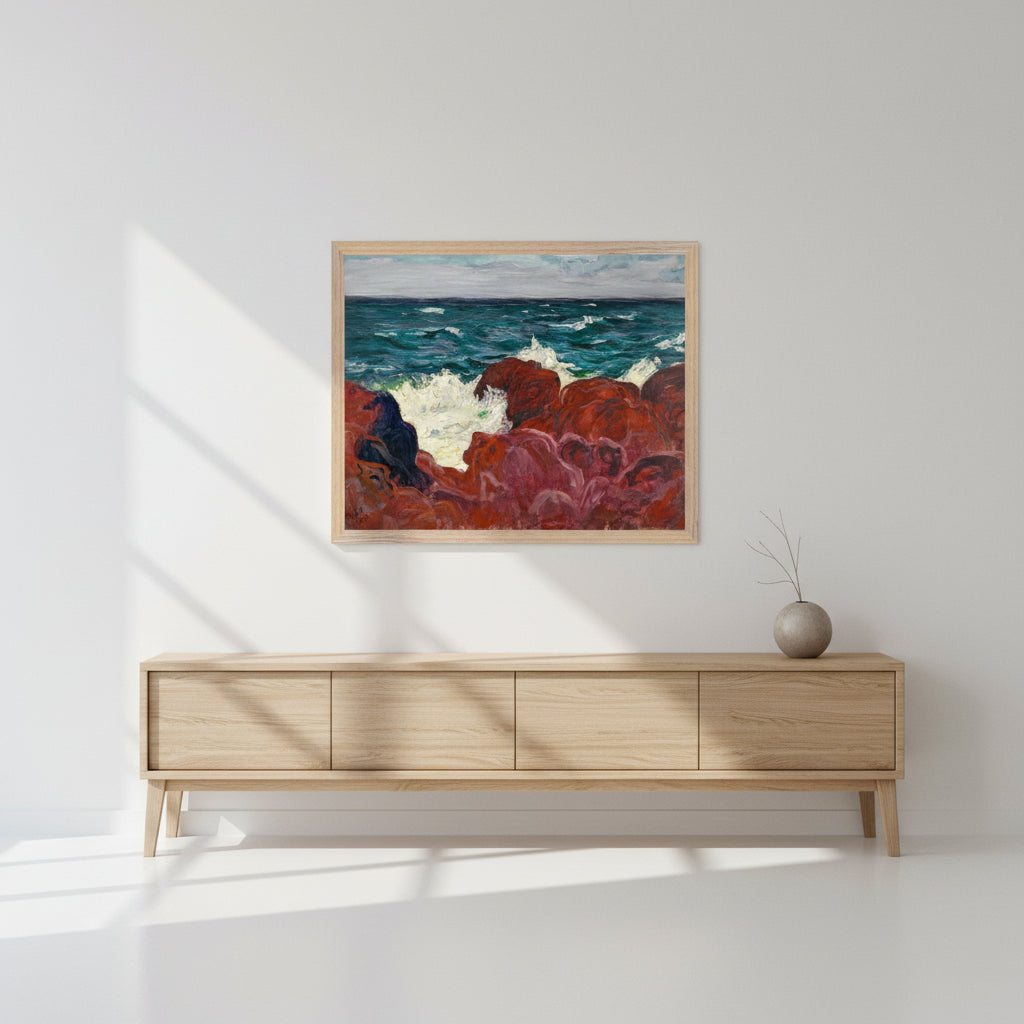Framed “Red Rocks and Sea” Irish art print displayed above a light oak sideboard, Scandinavian minimalism, white walls, soft sunlight, clean shadows, premium gallery atmosphere.