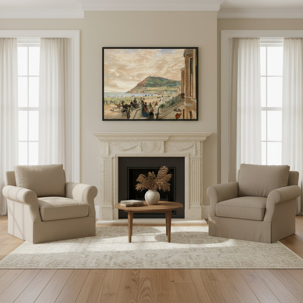 Framed print of The Seafront at Bray above a limestone fireplace in a Georgian seaside home, muted tones, linen armchairs and soft daylight from a bay window.