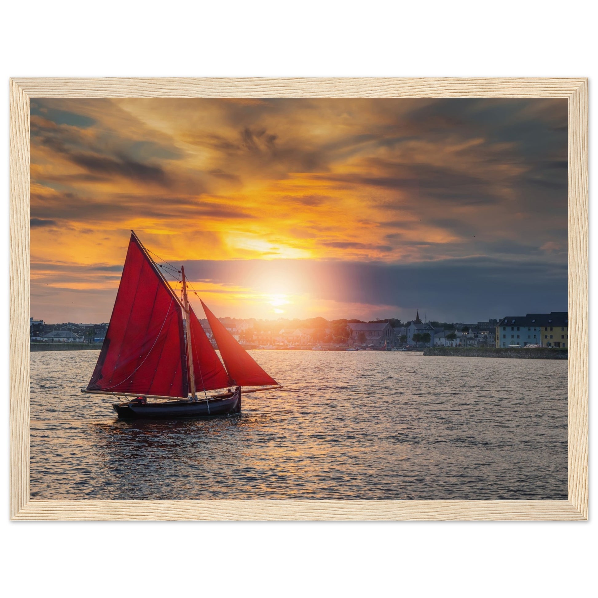 Detailed framed print of a Galway Hooker, a traditional Irish fishing boat, against a scenic coastal backdrop. Rich colors and intricate details evoke maritime nostalgia and charm.